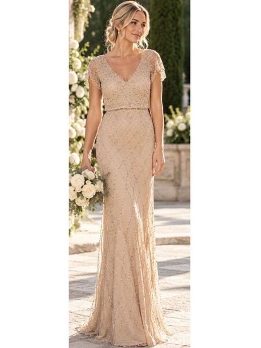 Adrianna Papell Sequin Lattice Gown Flutter Sleeves sz 10 Champagne Silver $450